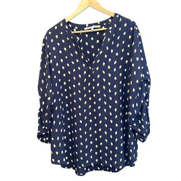 Collective Concepts Women's Blue Yellow Printed Ruched Sleeve Blouse Size 2X - Picture 3 of 7
